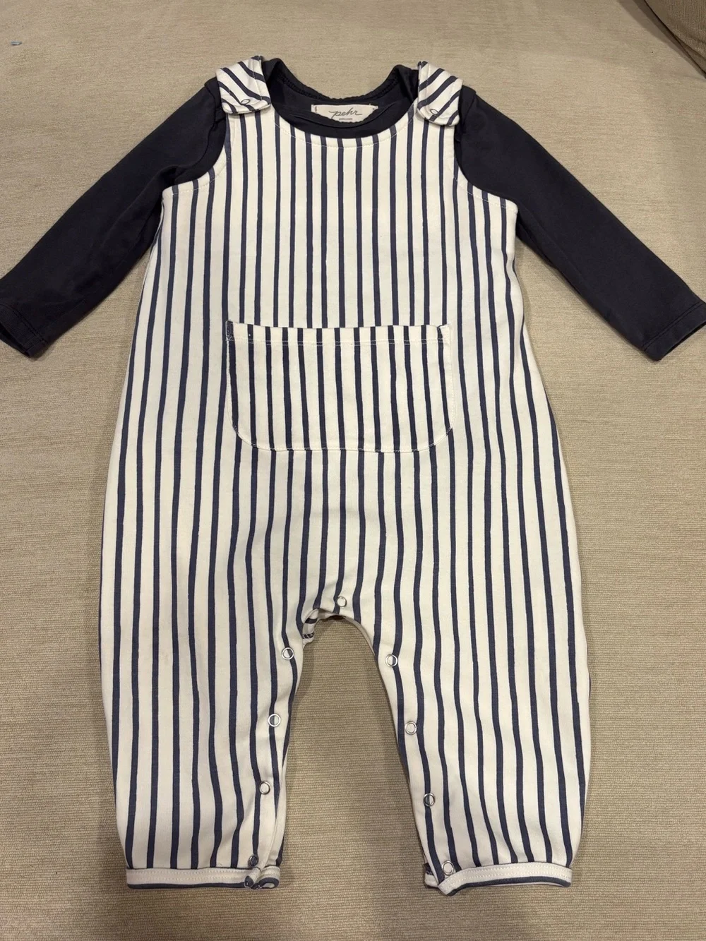 Pehr Stripes Away Ink Blue Gray Overall with Ink Pocket Bodysuit 12-18